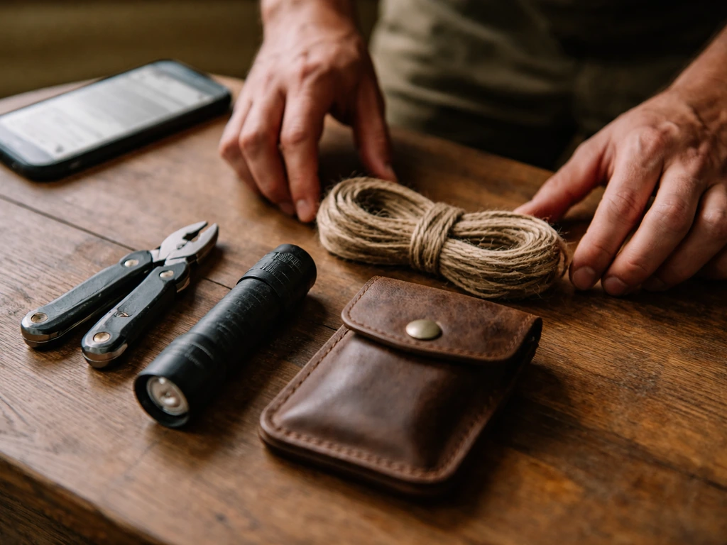 Hands set up survival tools on a wooden table beside a phone, hinting at affiliate links in a video description.