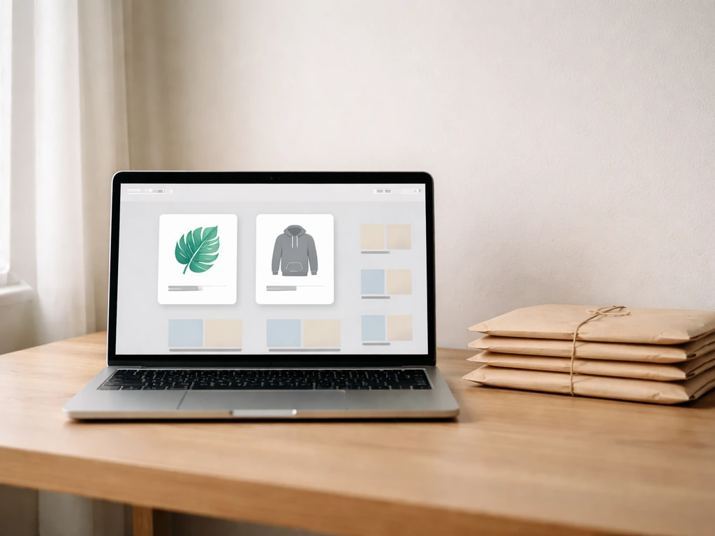 Laptop on a desk beside stacked packages, suggesting a simple merchandise and digital product storefront.