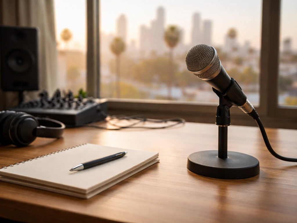 Close-up of a microphone and notebook on a desk with a soft city skyline blur in the background