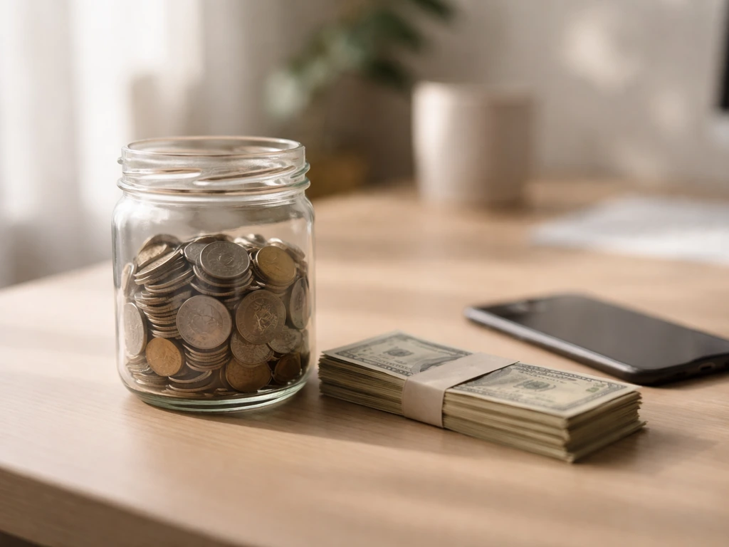 Coins in a glass jar and cash on a desk, suggesting a net worth estimate concept.