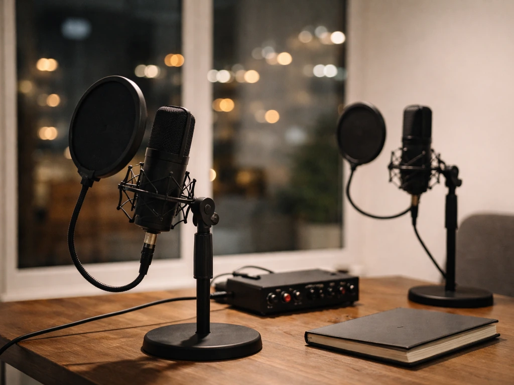 Minimal studio desk scene with two microphones and soft city lights, symbolizing media mix-ups