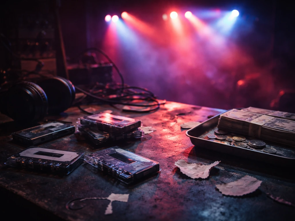 Gritty studio desk with scattered cassette tapes and cash-like shadows under neon concert lighting