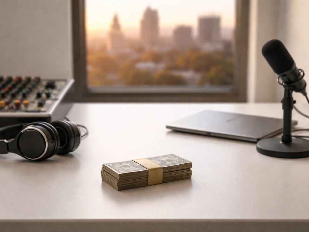 Minimal studio scene with analog audio gear and cash-like props symbolizing group vs individual net worth