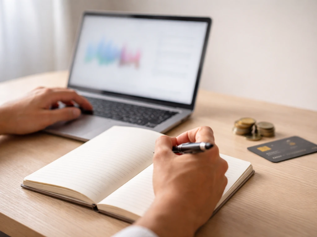 Minimal photo of a person’s hands taking notes beside a laptop with music and finance symbols, no text.