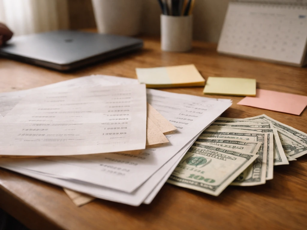 Close-up of scattered printed money and notes beside a laptop, suggesting conflicting net worth estimates.