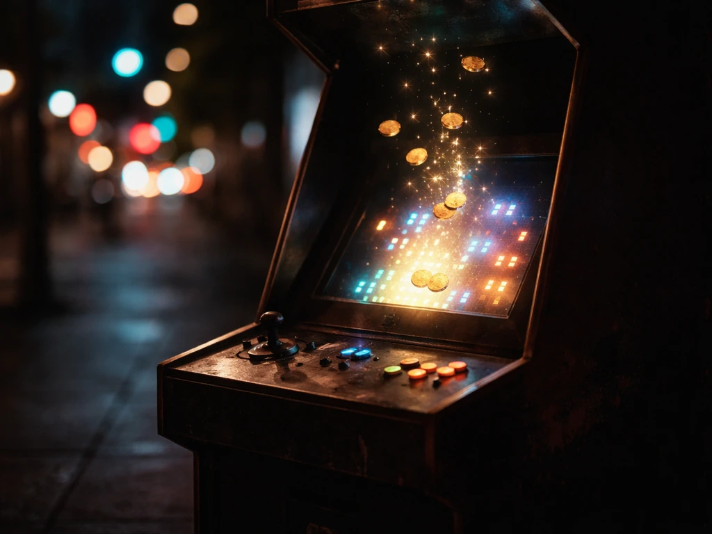 Neon-lit arcade game cabinet at night with glowing coins drifting upward, suggesting game revenue analysis.