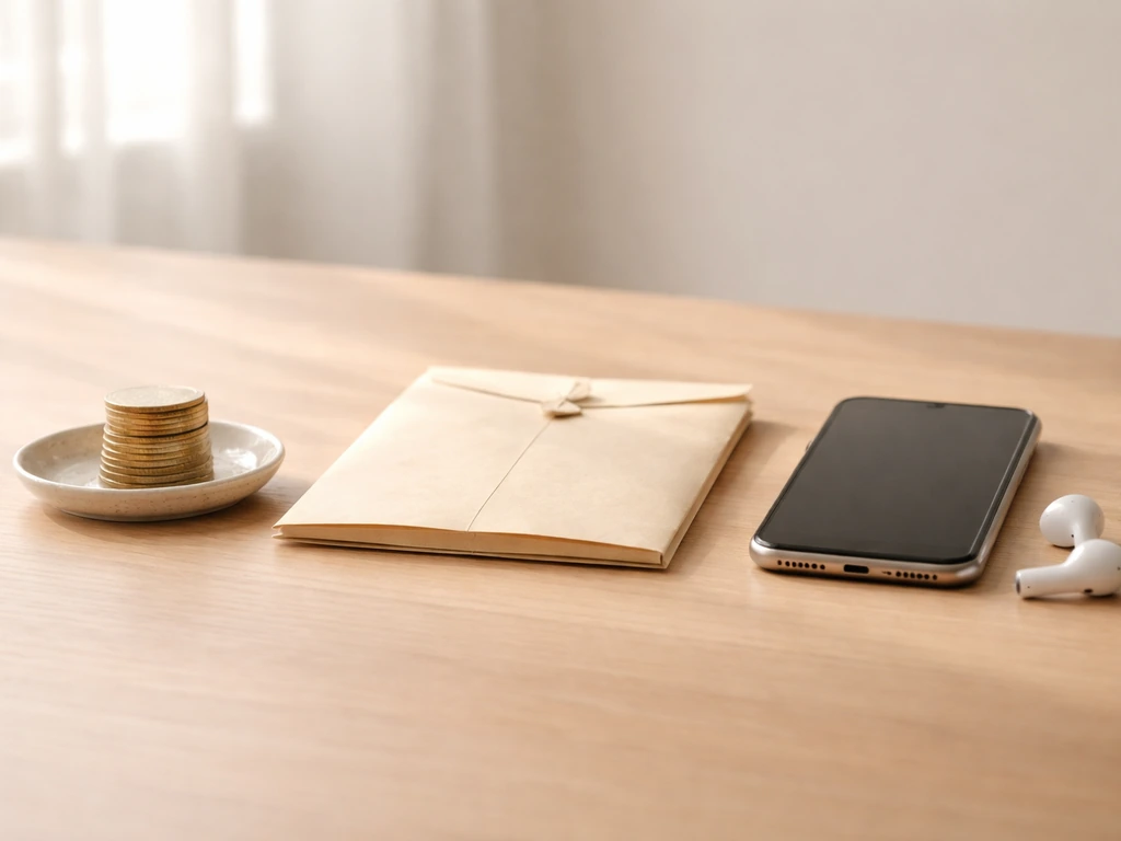 Minimal desk scene with coins, a contract envelope, and a smartphone suggesting three “net worth” meanings.