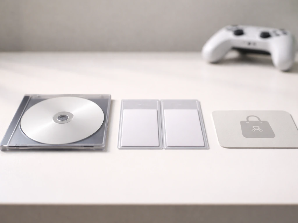 Minimal tabletop scene showing a game disc case, DLC sleeves, and a generic subscription tile card.