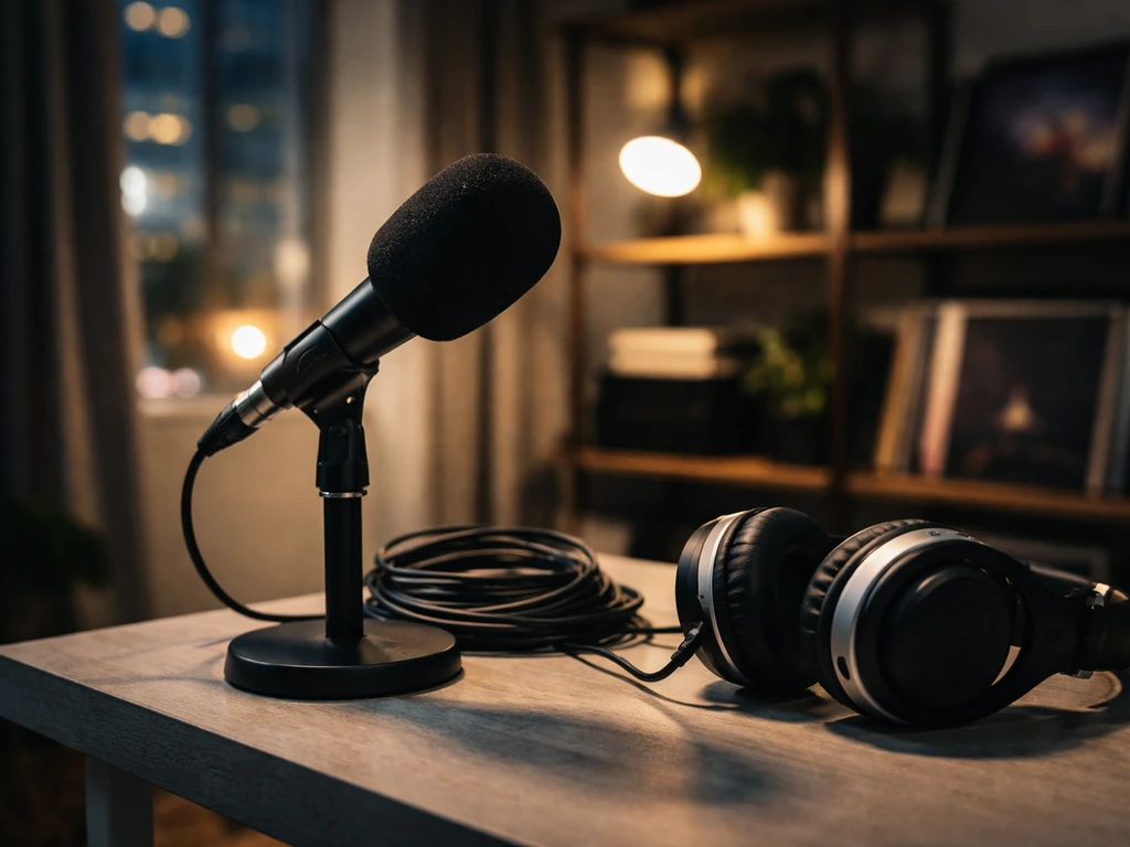 Close-up of a studio microphone and headphones on a desk, suggesting music/media identity confusion.