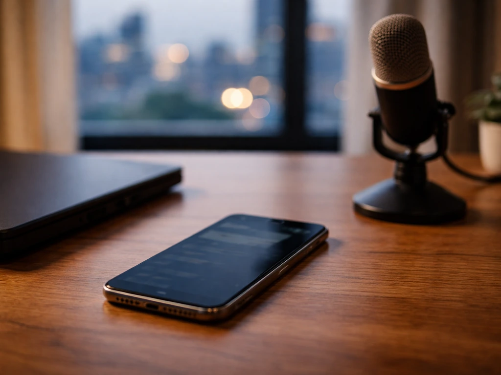 Smartphone, laptop, and a studio microphone on a desk with blurred city light—symbolizing a cited net worth number.