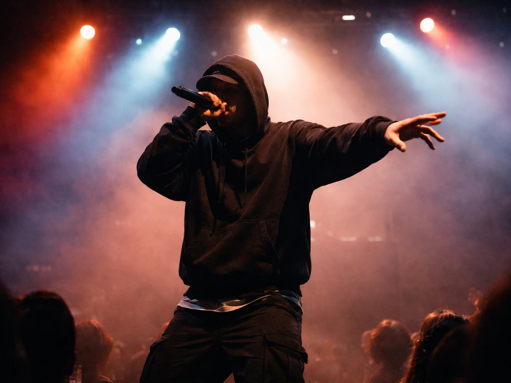 Anonymous singer performing on a brightly lit stage with a blurred crowd in the background.