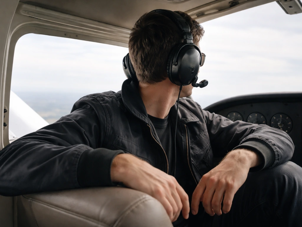 Anonymous pilot persona in an aircraft cockpit with headset, looking out the window in natural light.