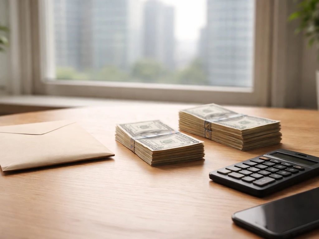 Minimal desk scene with calculator and two stacks of cash implying a low-to-high net worth range