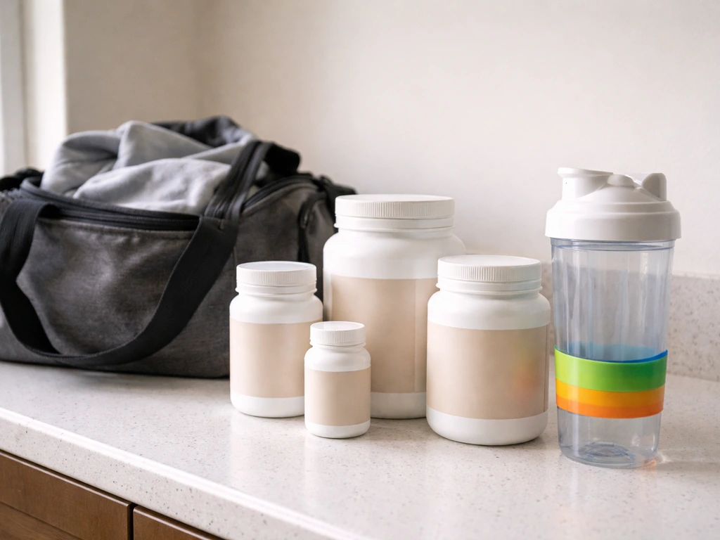 Assorted supplement tubs and a shaker bottle on a kitchen counter, with a simple gym bag nearby.