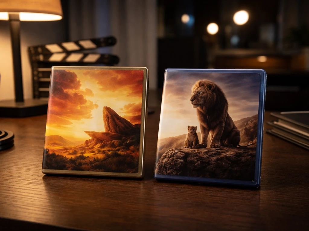 Minimal film desk showing two movie formats side-by-side to suggest 1994 and 2019 Lion King versions.