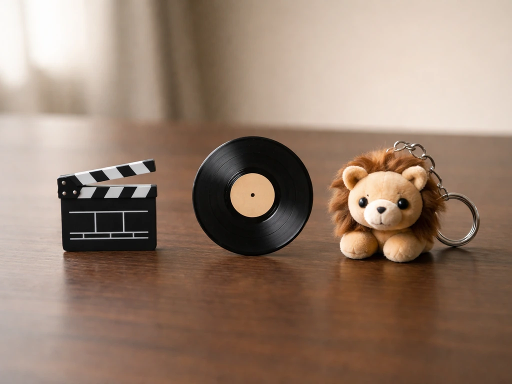 Tabletop still life of three objects representing box office, music rights, and merchandise licensing.