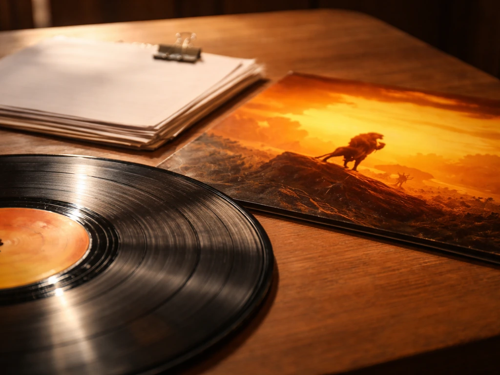 Close-up of a vinyl record and soundtrack album on a wooden table with music cue paperwork nearby.