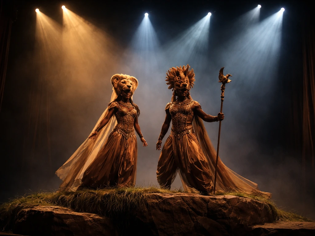 Broadway stage scene with ornate savanna costumes under warm spotlights, evoking The Lion King touring production.