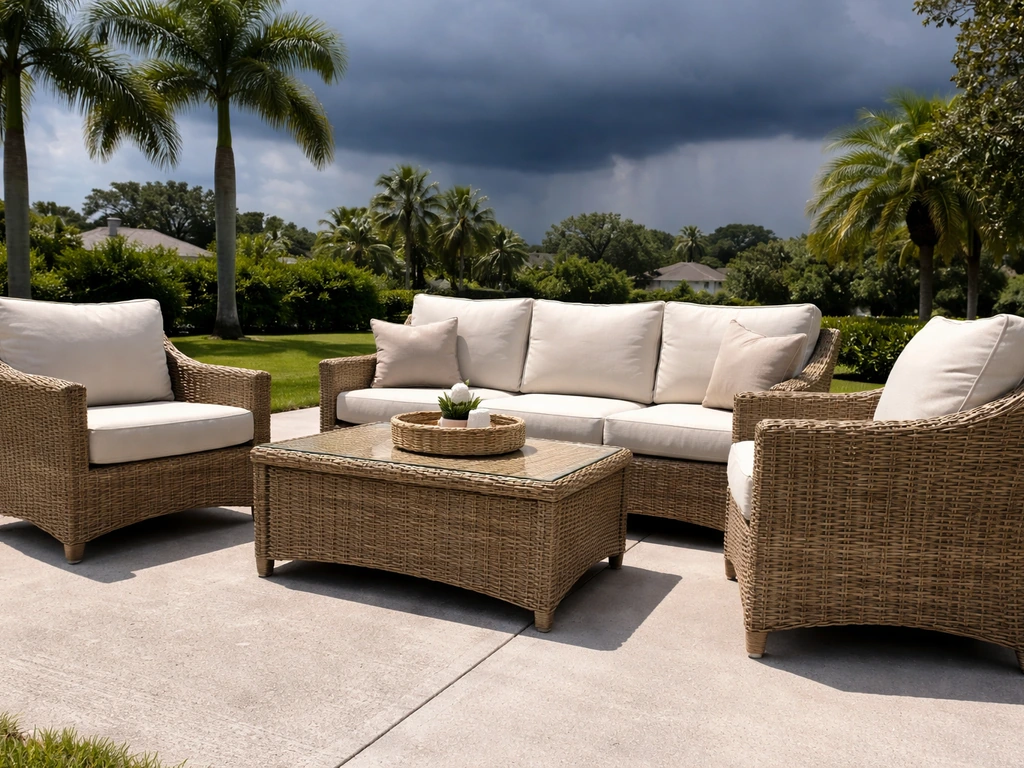 Durable palm-style outdoor patio set in a sunny Tampa yard with dark storm clouds overhead