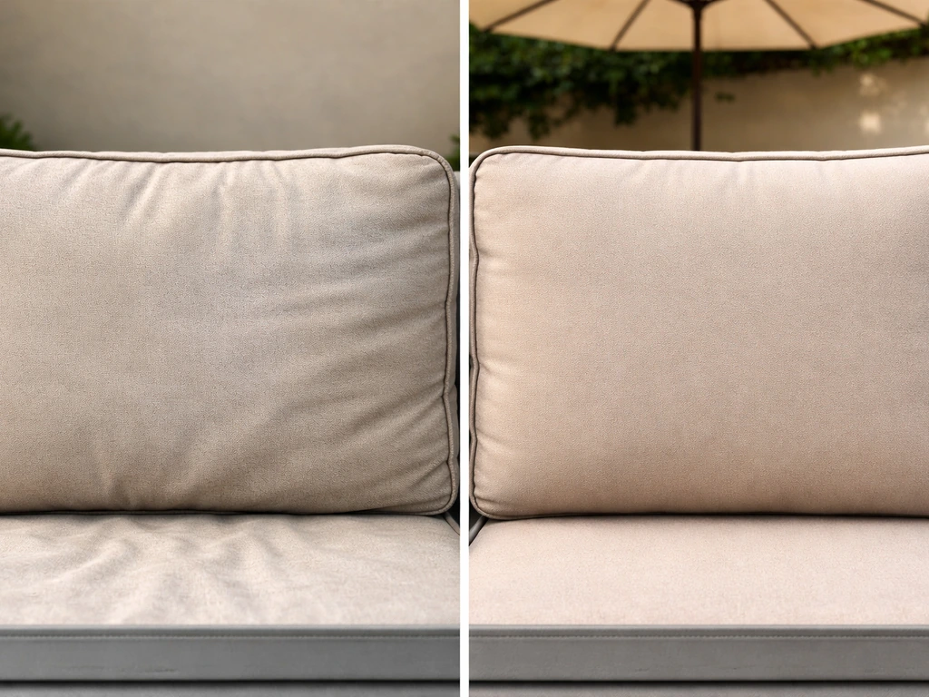 Split view of UV-faded outdoor fabric versus vibrant fabric protected in shade/under a cover.