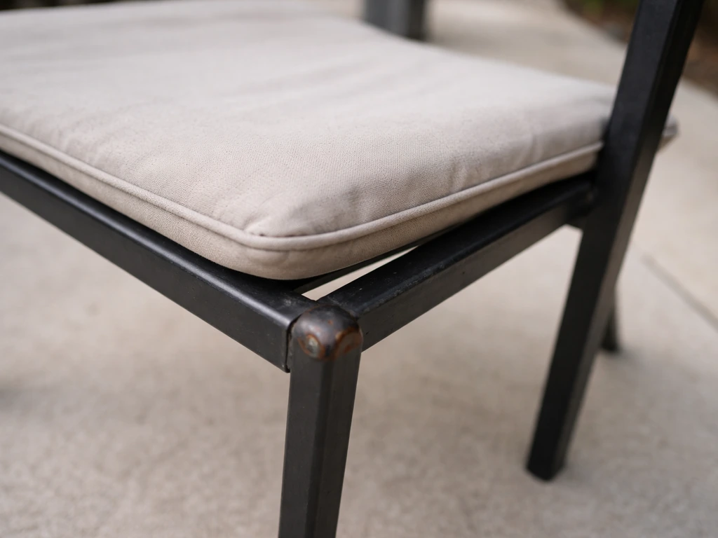 Close photo of budget steel-framed furniture with thin, fading cushions showing rust risk cues