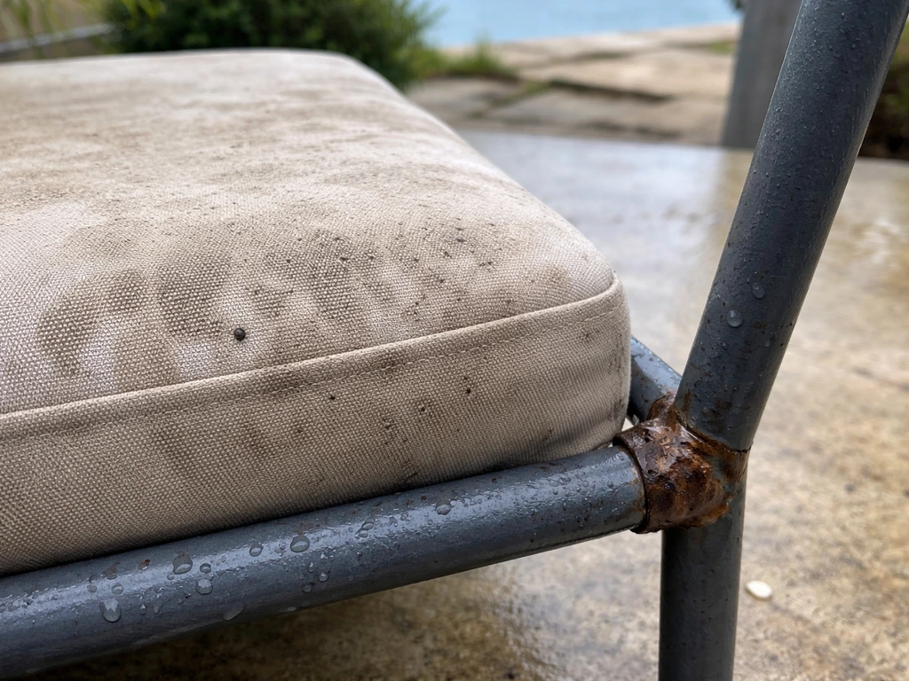 Outdoor cushions with damp mildew/pilling and early rust at metal weld points after rain.