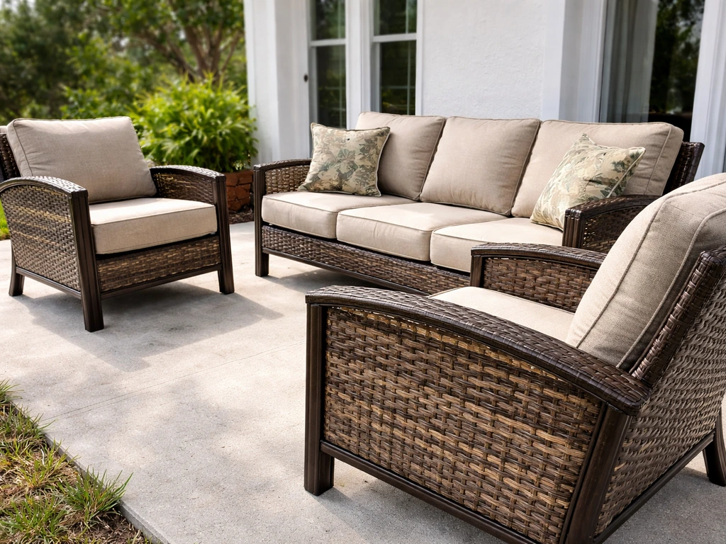 Close view of a mid-range aluminum and resin wicker patio set with thick cushions on a sunny patio.