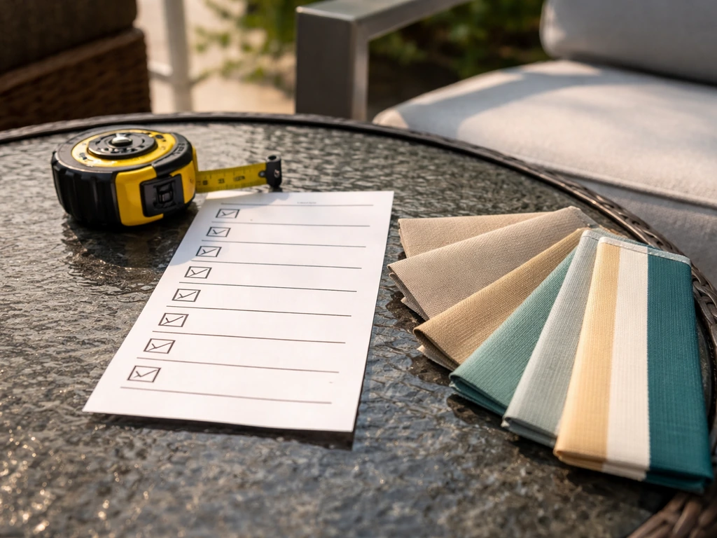 Close-up of a checklist review with measuring tape and fabric sample cards for patio cover verification.