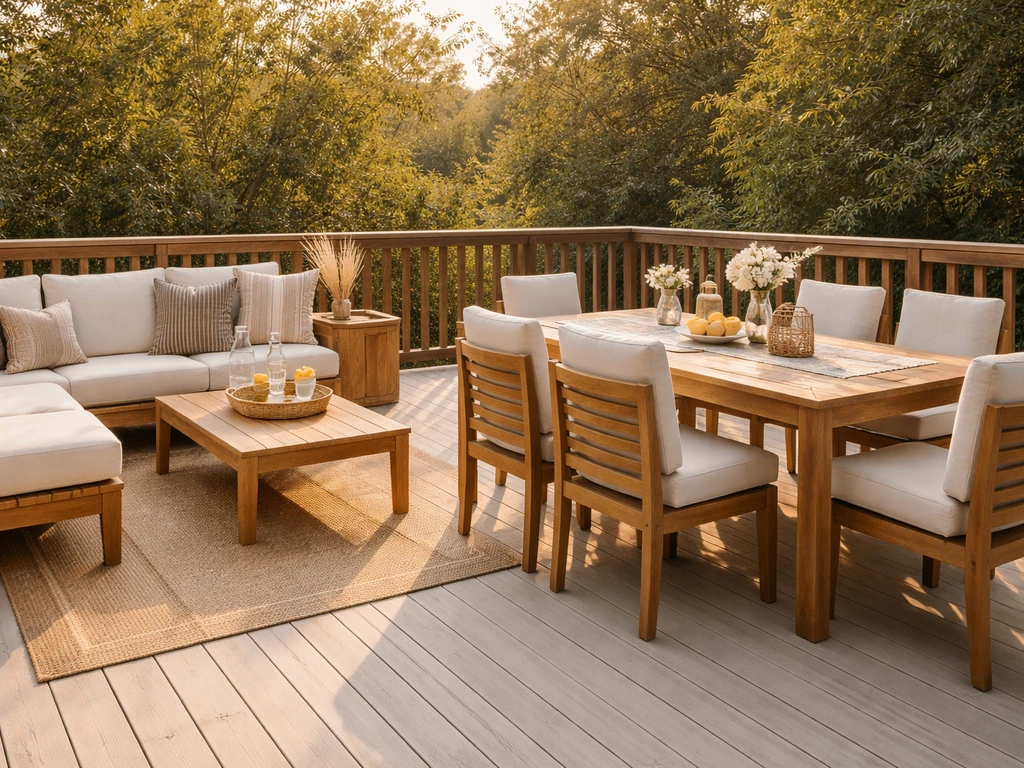 Panoramic view of an Amazonia-style patio with eucalyptus dining and cushioned deep-seating on a clean deck.