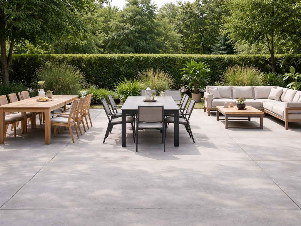 Three minimal outdoor patio furniture sets side-by-side: eucalyptus extendable dining, aluminum extendable dining, and d