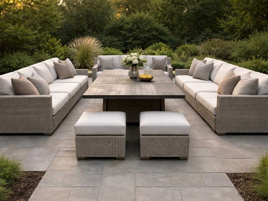 Deep outdoor seating set arranged around an extendable dining table on a spacious patio