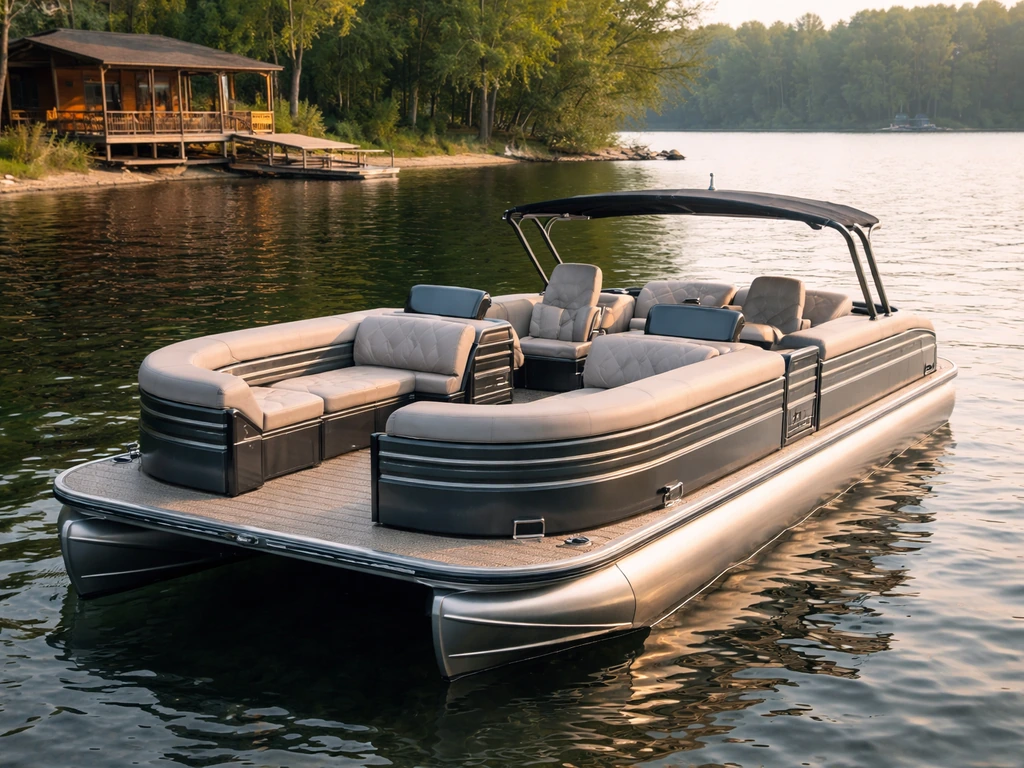 Lounge-focused Aqua Patio pontoon boat on a calm lake near a quiet lakeside lodge at golden light