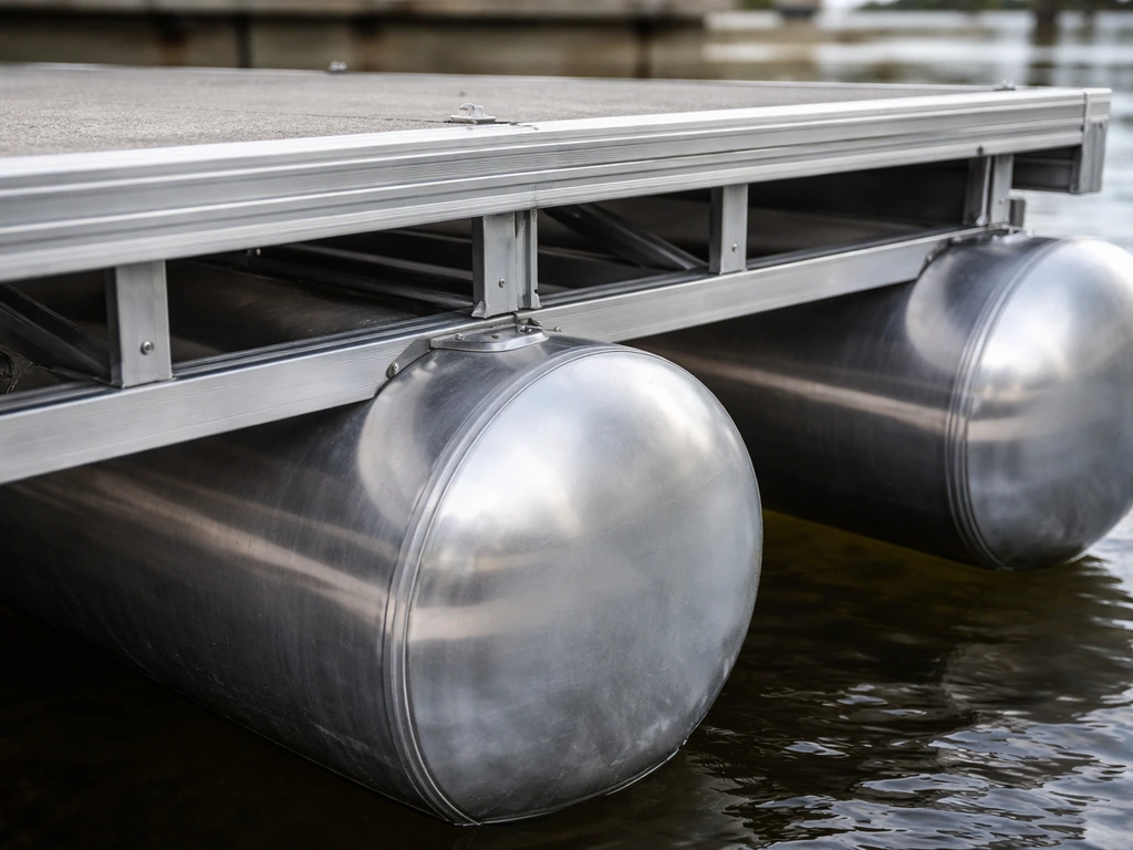 Close-up of pontoon aluminum log tubes and deck frame with visible welds and frame cross-members.