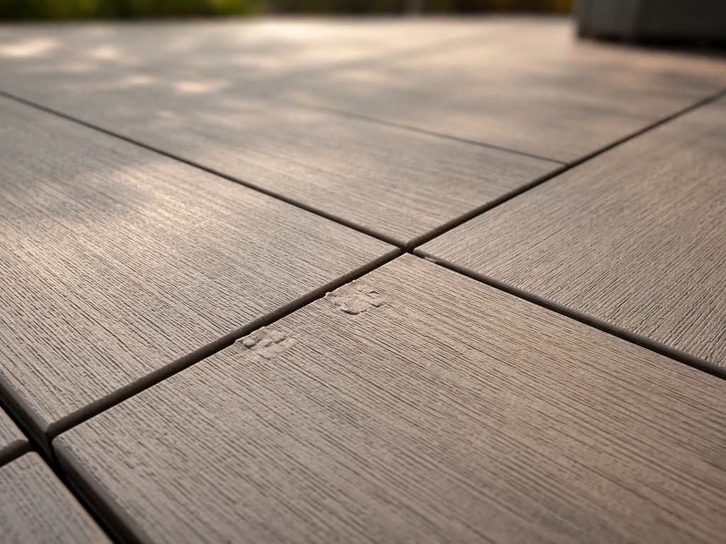 Close-up of outdoor deck panels showing seams, surface texture, and subtle wear on flooring material.