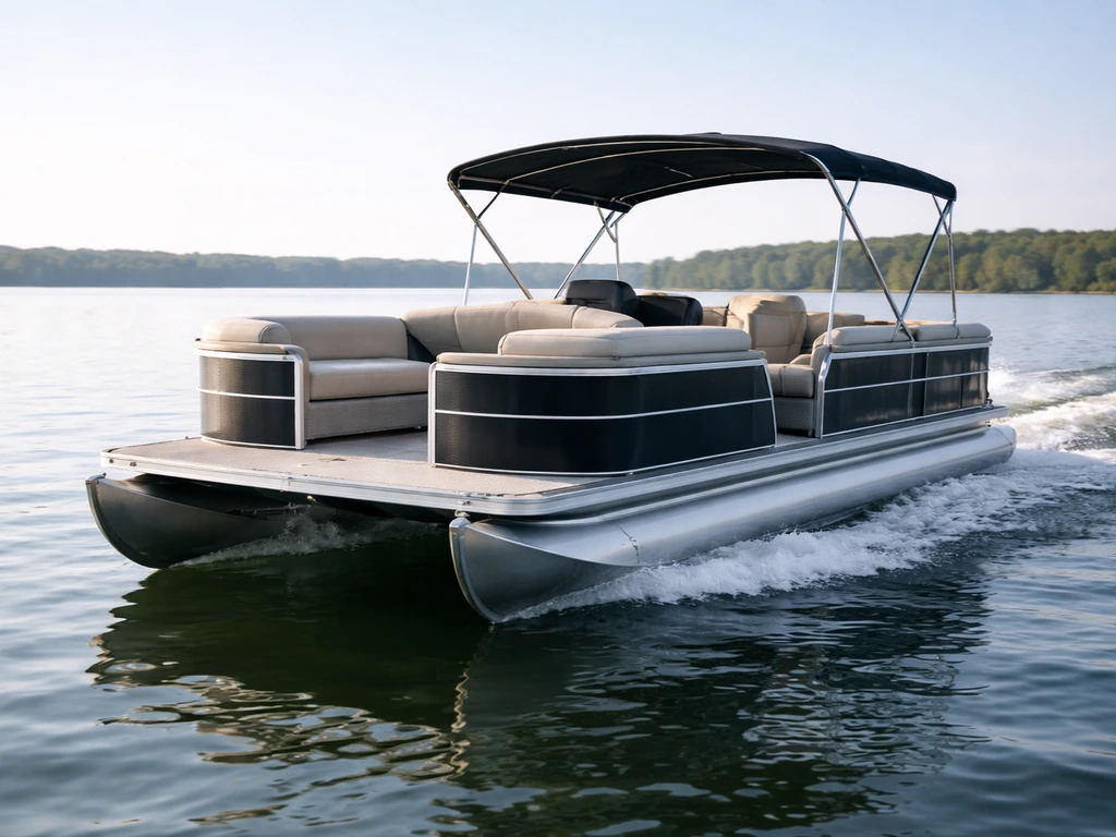 Pontoon lounge boat cruising steadily on a calm lake, showing stable posture and visible seating layout.