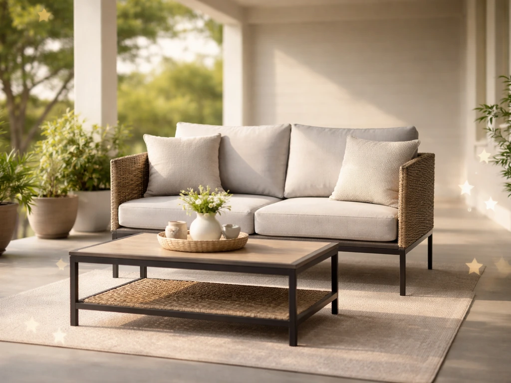 Minimal view of a patio furniture set on a covered porch with soft review-star themed mood.