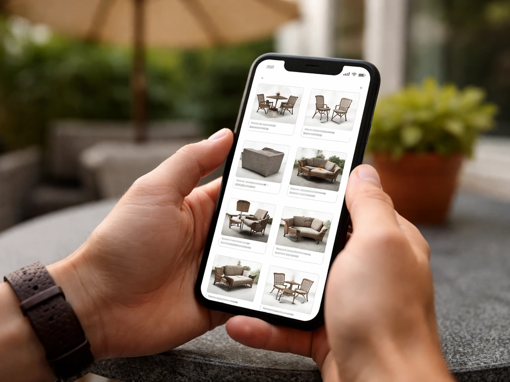 Hands browsing a smartphone showing multiple patio furniture listings, patio set, chairs, and covers.