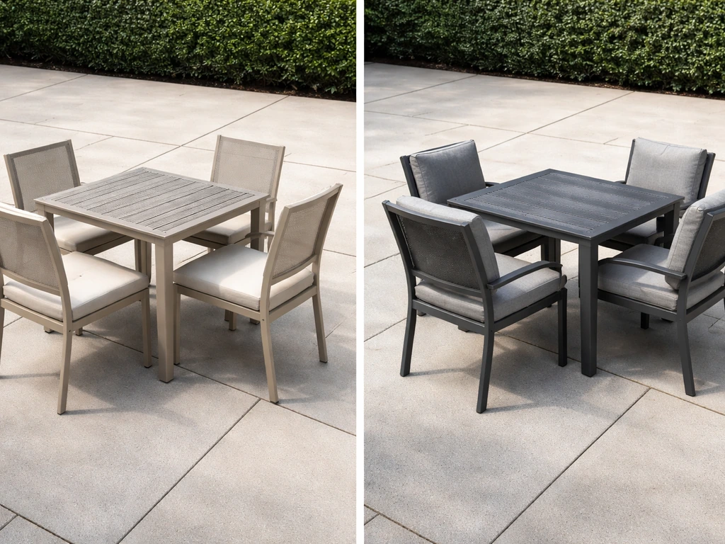 Two simple patio table-and-chair sets side by side on a clean outdoor surface