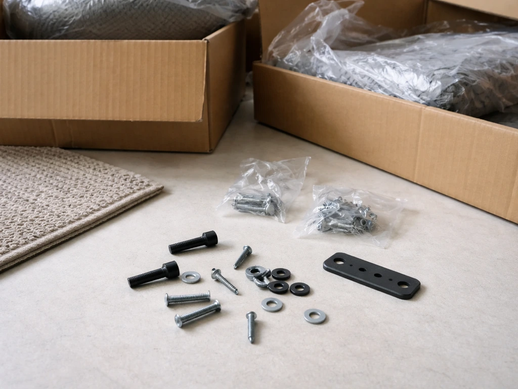 Scattered sectional hardware and loose fittings on the floor with missing screws after unpacking.