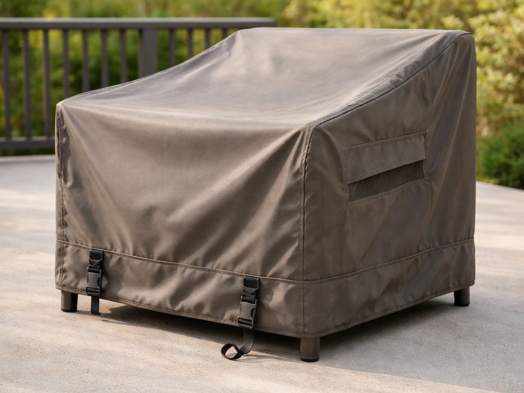 Patio furniture cover outdoors showing textured 600D-like fabric, adjustable straps, and visible air vents.