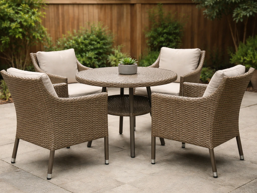 Outdoor patio dining set with wicker chairs and a small table in a simple backyard setting