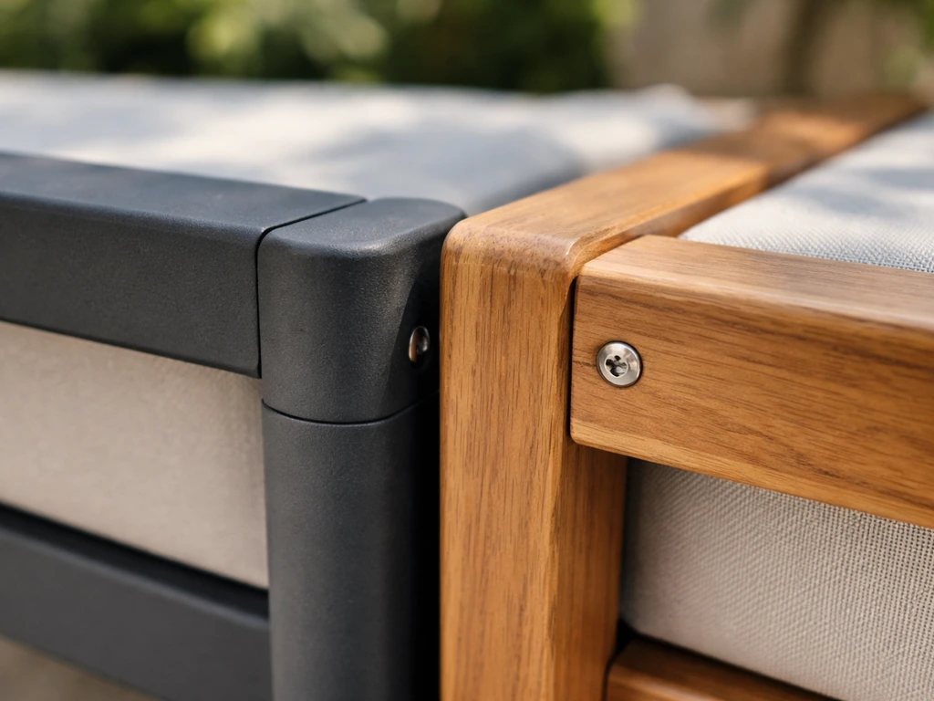 Close-up comparison of powder-coated aluminum joints and teak wood grain on outdoor frames.
