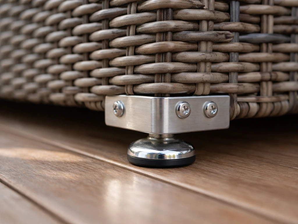 Close-up of chrome anti-skid feet and bolts on a wicker furniture base on a smooth deck