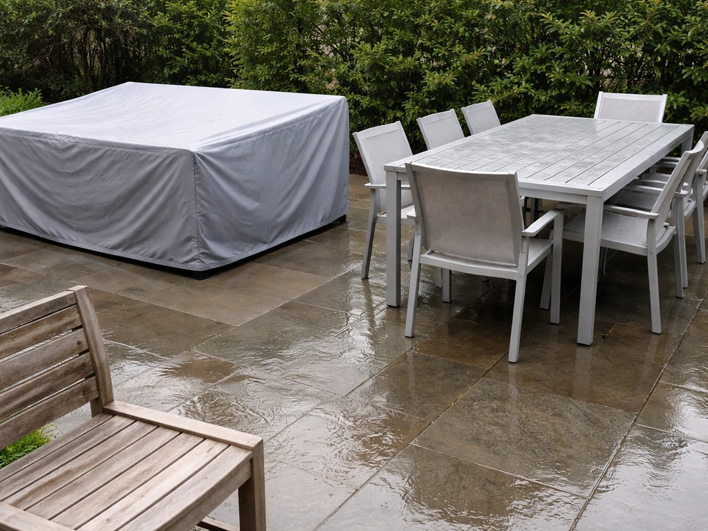 Covered aluminum patio set looks clean, while nearby uncovered aluminum and teak show rain and sun weathering.