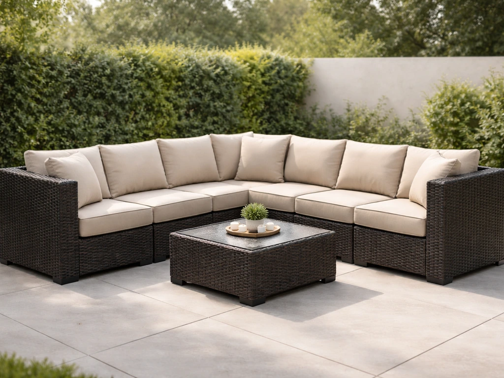 Modern PE-wicker outdoor conversation sectional with cushions on a clean patio in natural light.