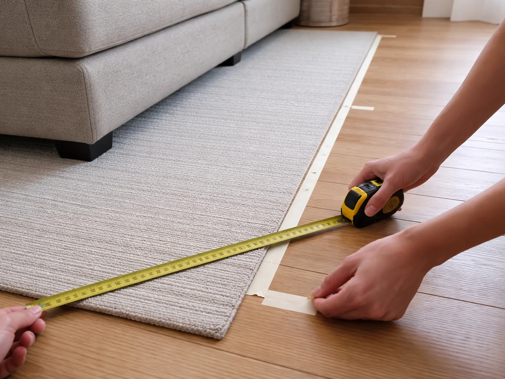 Hands measuring a sectional footprint with a tape measure on a quiet living-room floor