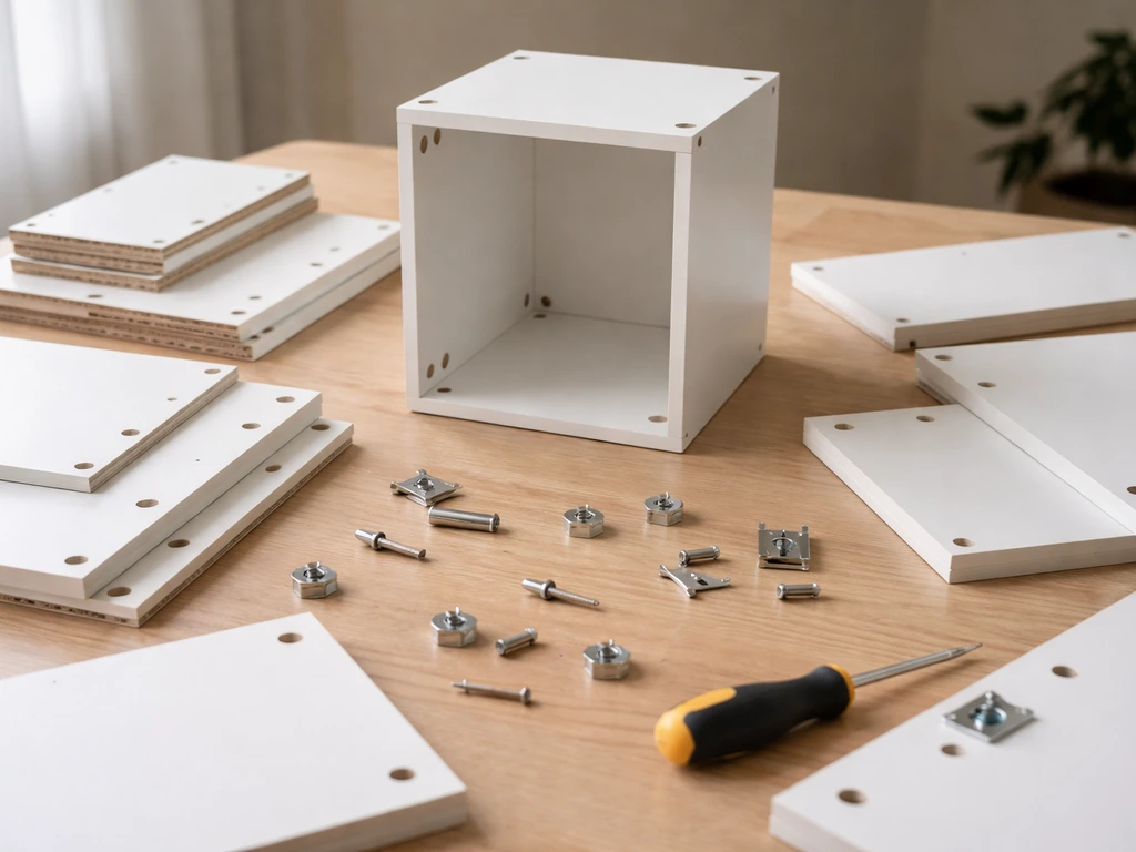 Modular furniture assembly on a light-wood table with hardware visible and one completed module.