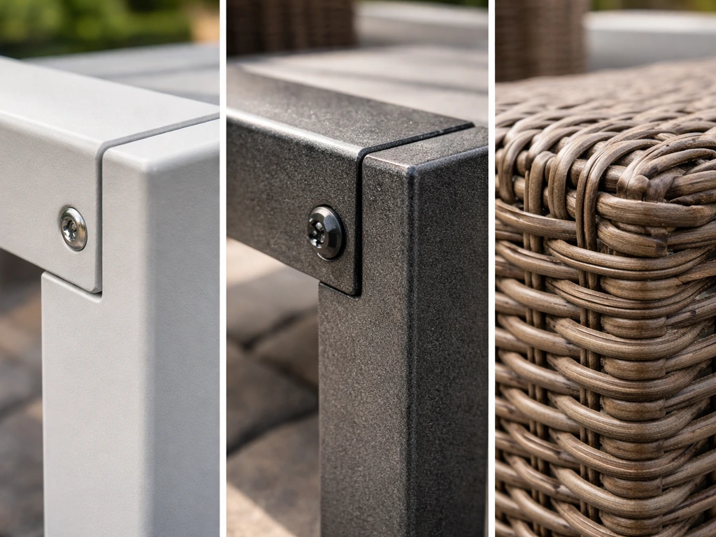Close-up of powder-coated aluminum, finished steel, and synthetic rattan patio material textures and hardware.
