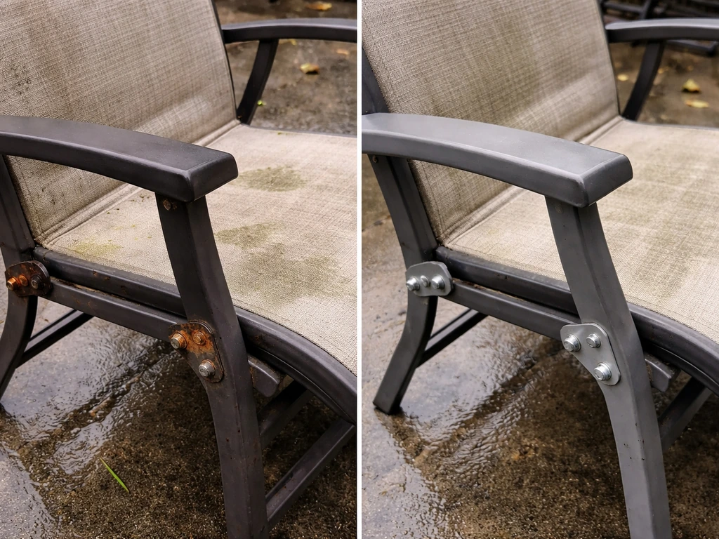 Outdoor patio furniture corner showing rusted hardware and faded, mildew-stained fabric.