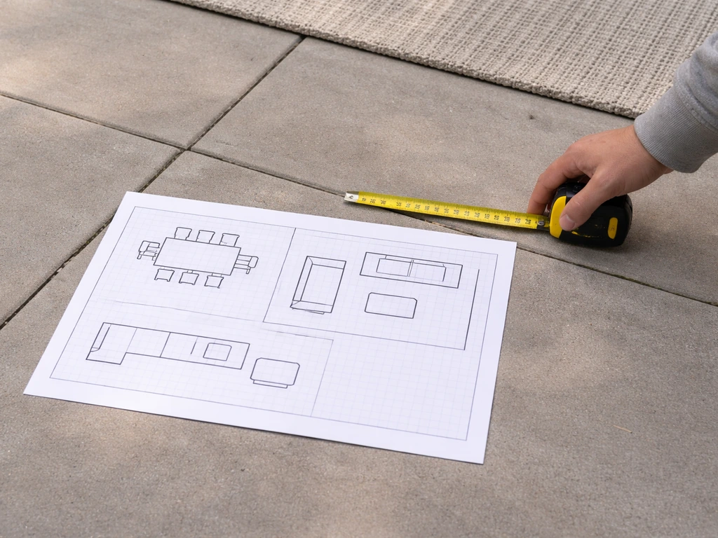 Tape measure over an outdoor patio layout grid showing dining, conversation, and lounge spacing.